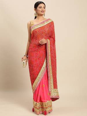 Pink pink & red bandhani gotta patti half and half bandhani saree 2