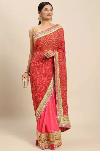 Pink pink & red bandhani gotta patti half and half bandhani saree