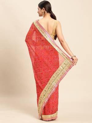 Pink pink & red bandhani gotta patti half and half bandhani saree 3