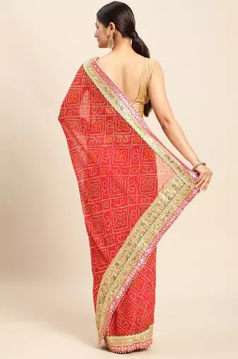 Pink pink & red bandhani gotta patti half and half bandhani saree
