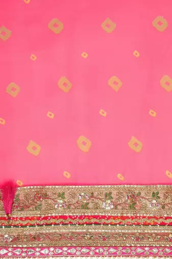 Pink pink & red bandhani gotta patti half and half bandhani saree