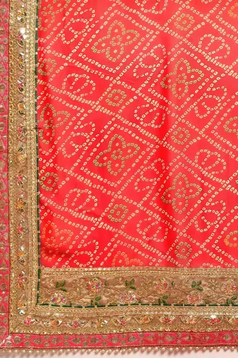 Pink pink & red bandhani gotta patti half and half bandhani saree