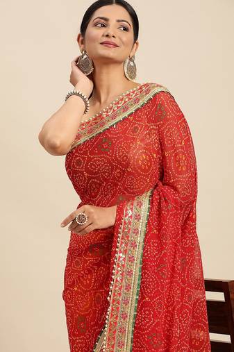 Yellow yellow & red bandhani beads and stones half and half bandhani saree