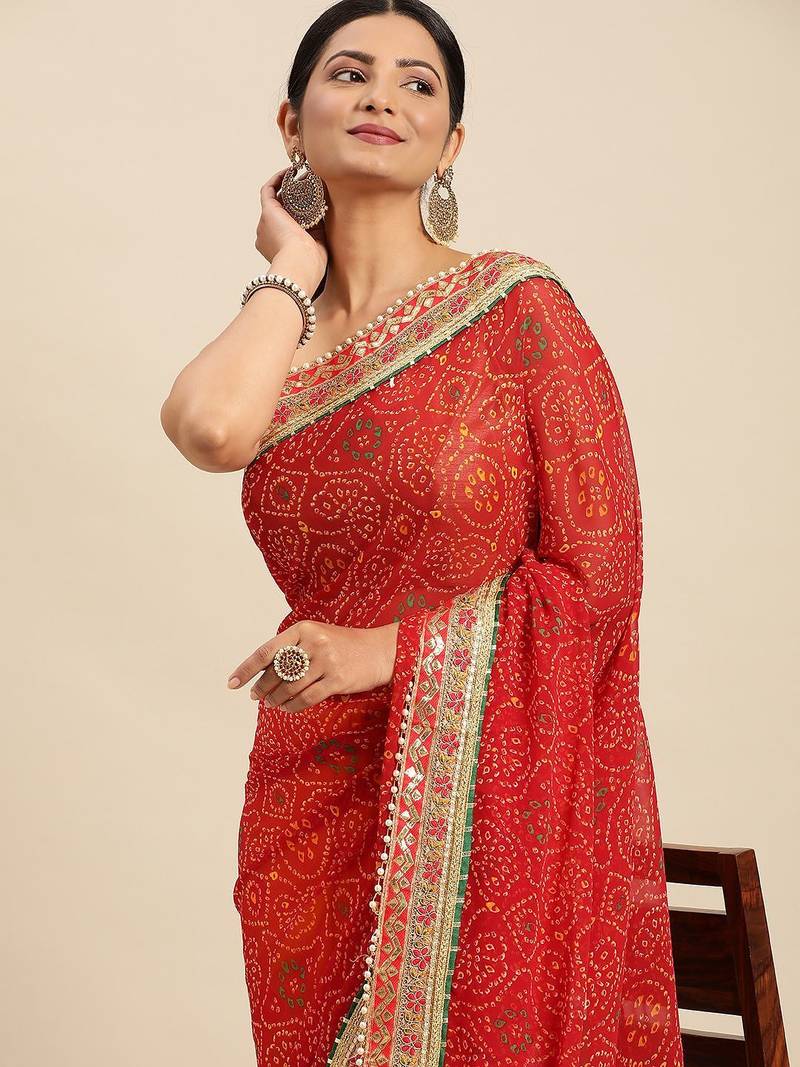 Yellow yellow & red bandhani beads and stones half and half bandhani saree