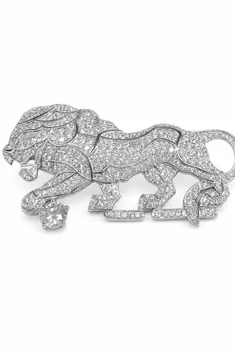 Silver plated zircon lion motif brooch