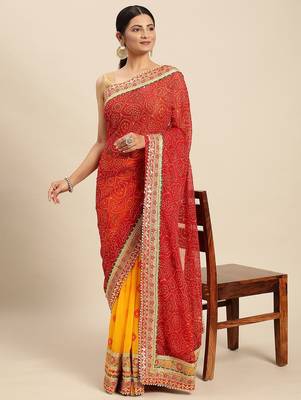 Yellow yellow & red bandhani beads and stones half and half bandhani saree 2