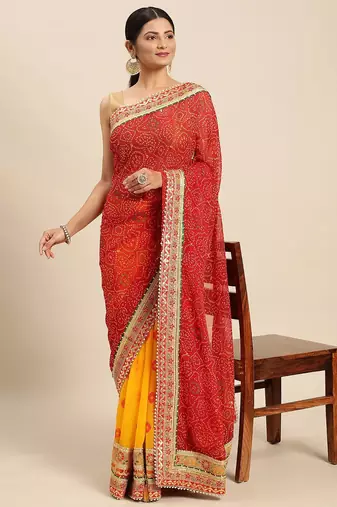 Yellow yellow & red bandhani beads and stones half and half bandhani saree