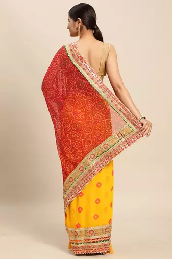 Yellow yellow & red bandhani beads and stones half and half bandhani saree