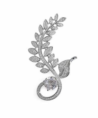 Silver plated zircon leaf motif brooch 2