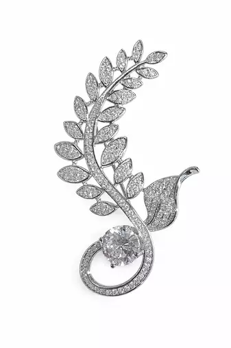 Silver plated zircon leaf motif brooch