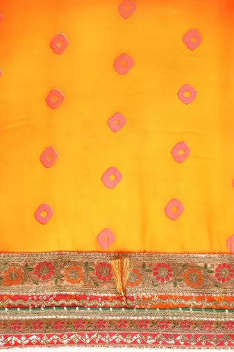 Yellow yellow & red bandhani beads and stones half and half bandhani saree
