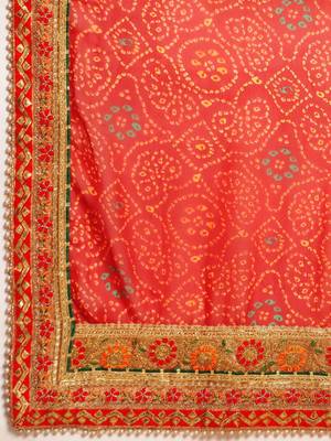 Yellow yellow & red bandhani beads and stones half and half bandhani saree 5