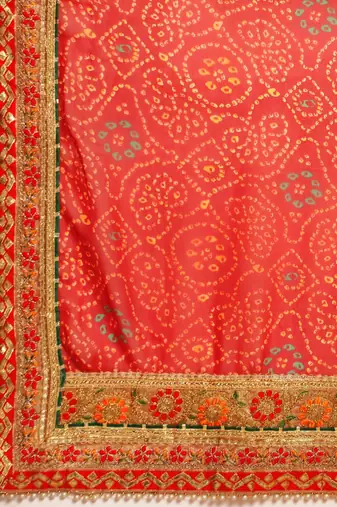 Yellow yellow & red bandhani beads and stones half and half bandhani saree