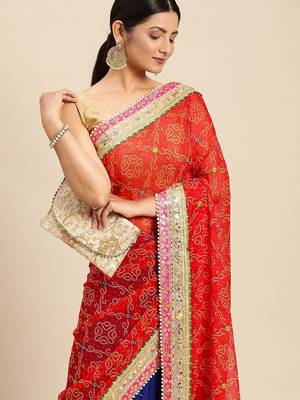 Blue blue & red bandhani beads and stones half and half bandhani saree 1