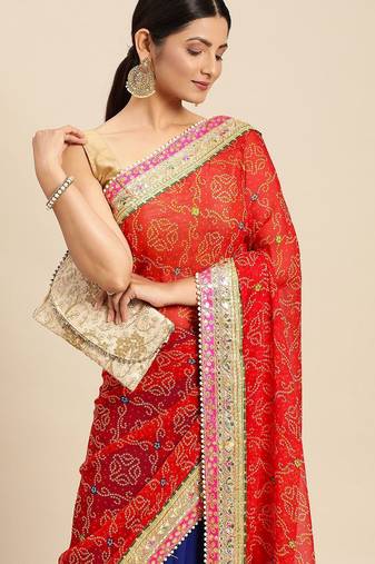 Blue blue & red bandhani beads and stones half and half bandhani saree