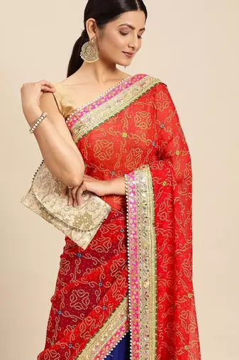 Blue blue & red bandhani beads and stones half and half bandhani saree