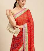Blue blue & red bandhani beads and stones half and half bandhani saree