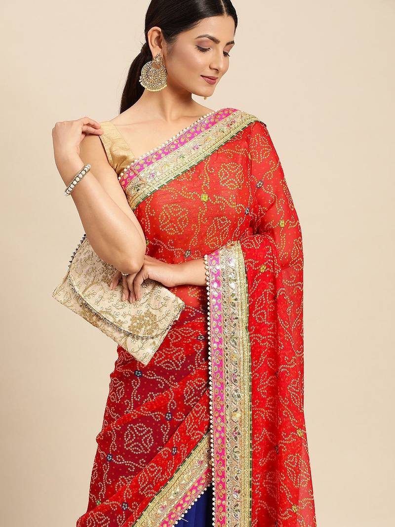 Blue blue & red bandhani beads and stones half and half bandhani saree