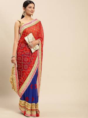 Blue blue & red bandhani beads and stones half and half bandhani saree 2