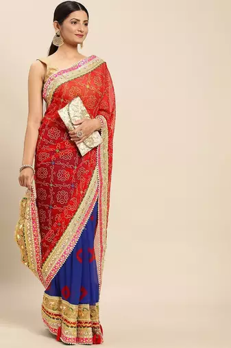 Blue blue & red bandhani beads and stones half and half bandhani saree
