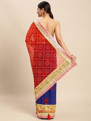 Blue blue & red bandhani beads and stones half and half bandhani saree 3
