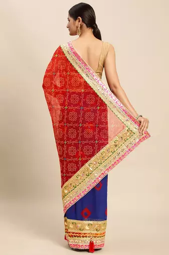 Blue blue & red bandhani beads and stones half and half bandhani saree