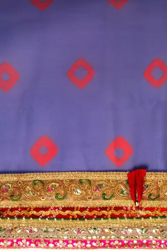 Blue blue & red bandhani beads and stones half and half bandhani saree