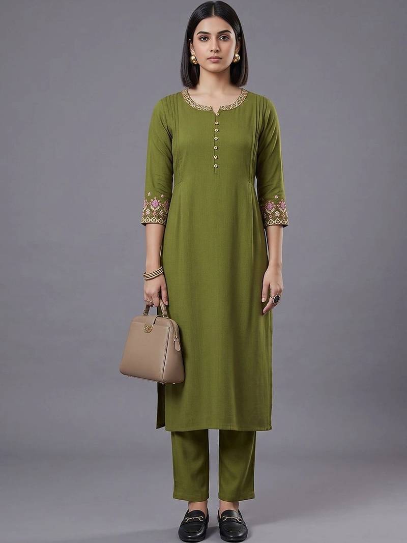 women ethnic motifs embroidered regular thread work kurta with trousers