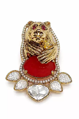 Gold plated stone bear motif brooch
