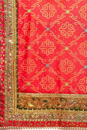 Blue blue & red bandhani beads and stones half and half bandhani saree