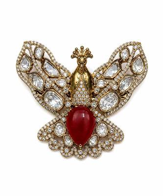 Gold plated red stone peacock motif brooch 2