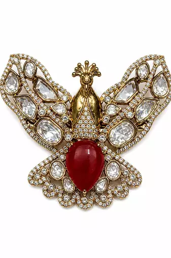 Gold plated red stone peacock motif brooch