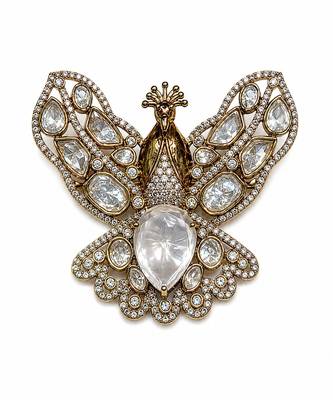 Gold plated white stone peacock motif brooch 2