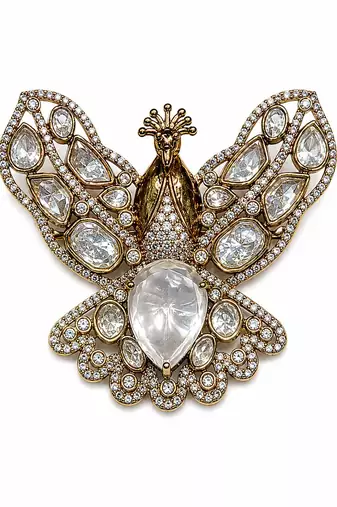 Gold plated white stone peacock motif brooch