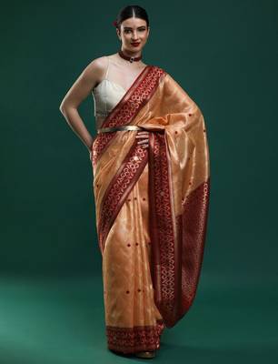orange woven design zari banarasi saree 1