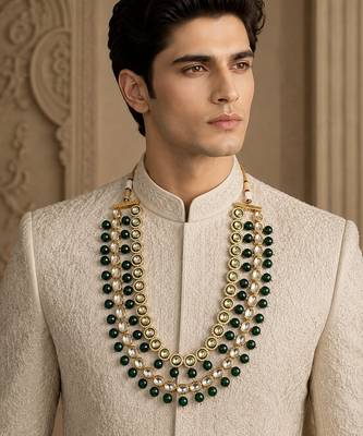 Gold finish kundan polki and green beaded layered mala necklace 1