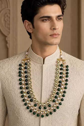 Gold finish kundan polki and green beaded layered mala necklace