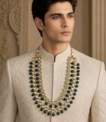 Gold finish kundan polki and green beaded layered mala necklace