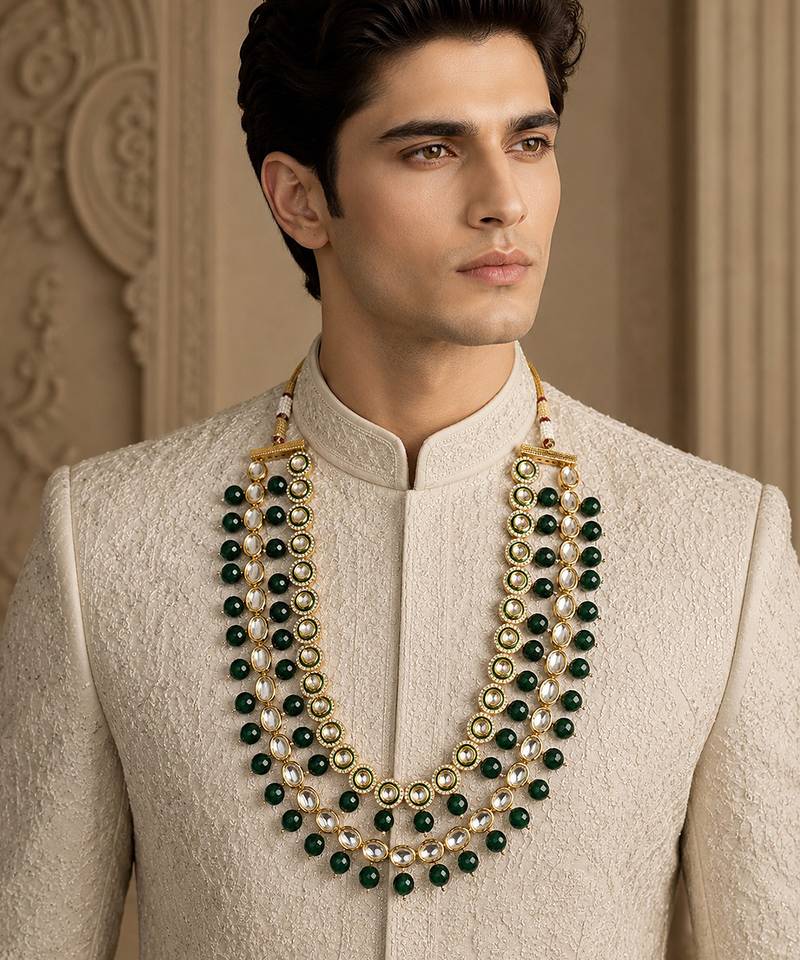 Gold finish kundan polki and green beaded layered mala necklace