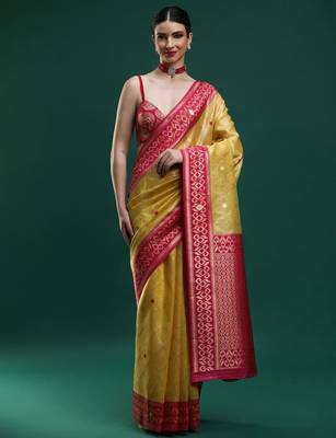 yellow ethnic motif woven design zari banarasi saree 1