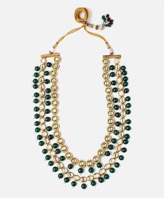 Gold finish kundan polki and green beaded layered mala necklace 2