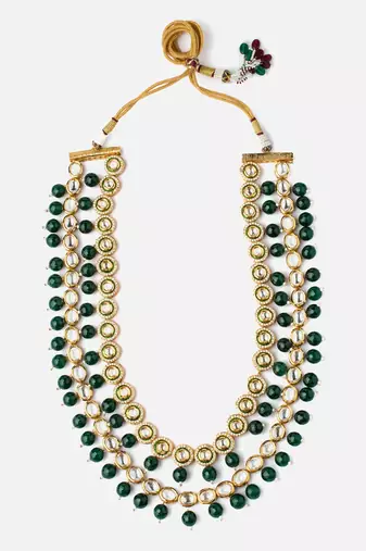 Gold finish kundan polki and green beaded layered mala necklace