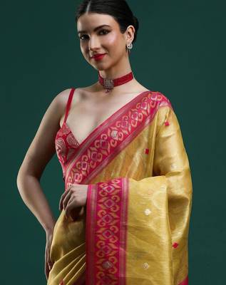 yellow ethnic motif woven design zari banarasi saree 2