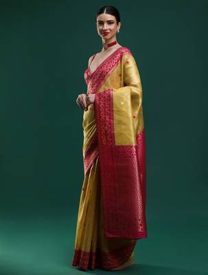 yellow ethnic motif woven design zari banarasi saree 3
