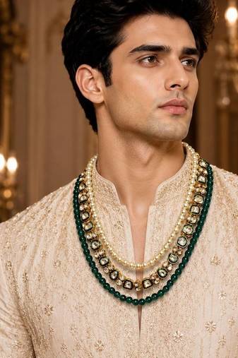 Gold plated layered green beaded pearl kundan groom mala necklace