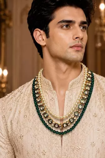 Gold plated layered green beaded pearl kundan groom mala necklace