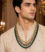 Gold plated layered green beaded pearl kundan groom mala necklace