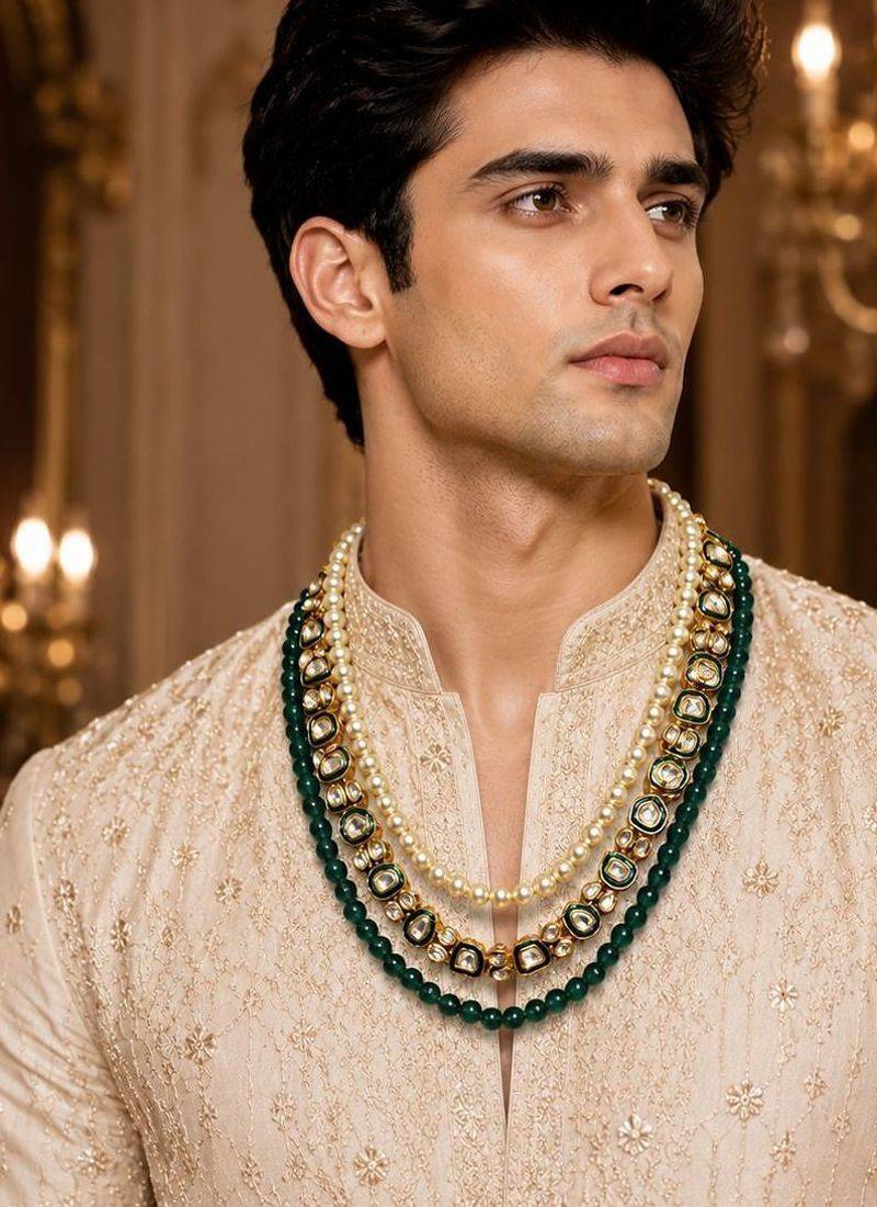 Gold plated layered green beaded pearl kundan groom mala necklace
