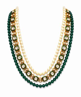 Gold plated layered green beaded pearl kundan groom mala necklace 2