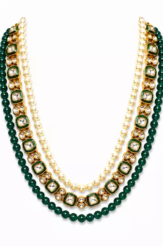 Gold plated layered green beaded pearl kundan groom mala necklace